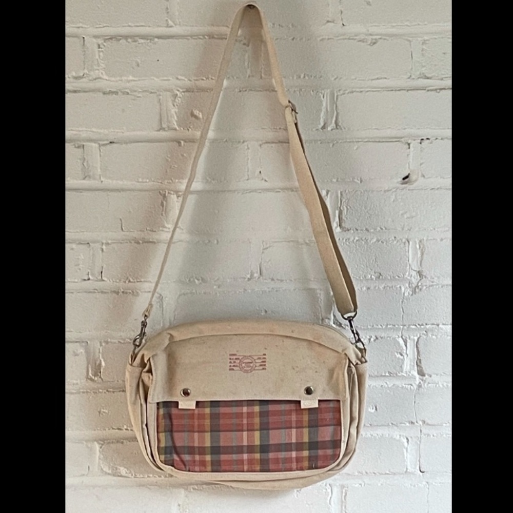 Vintage Canvas Messenger Crossbody Bag, Plaid Accent